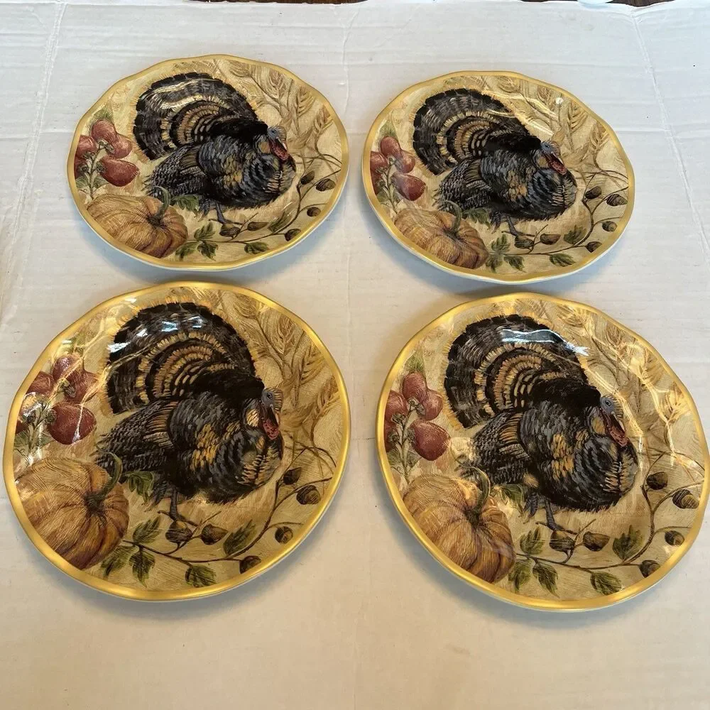 Pottery Barn Fresco Turkey Plates Set Of 4 Salad Plates 9” Turkey Thanksgiving
